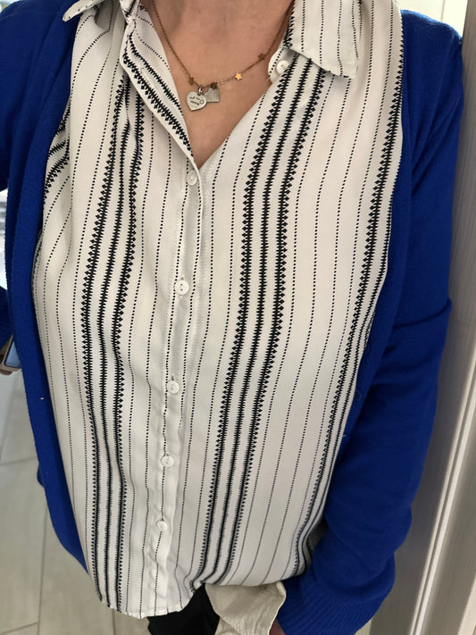 Camicia a Maniche Lunghe Bianca e Nera con Stampa Geometrica